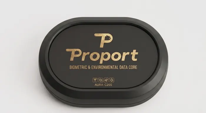 Black oval Proport sensor node with a gold Proport logo